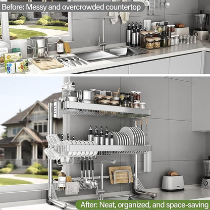 Over The Sink Dish Drainer Drying Rack 3 Tier, Full Stainless Steel Dish Drying Rack Adjustable Length 20.9''-37.4'', Kitchen Sink Shelf, Organized Space-Saving Dish Rack