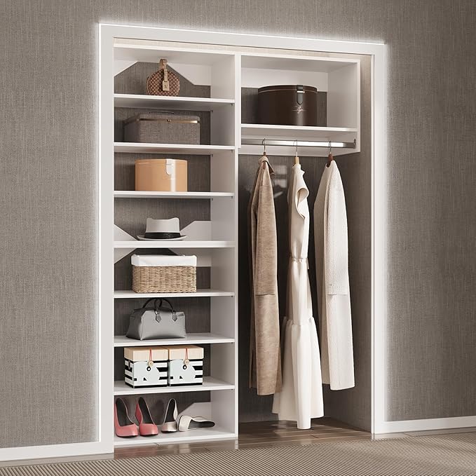 Modular Closet System, 67" Wide Closet Organizer System with Towers and Hanging, Wood Closet Tower Storage for Walk In Closets, Wall Mounted Wardrobe Organizer Kit System, Bedroom, White
