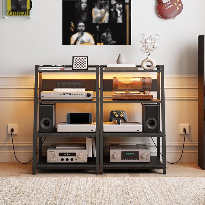 HOOBRO 4-Tier AV Media Stand with Charging Station and LED Light, Wooden Stereo Cabinet, Game Console Stand, Media Audio Tower Rack, Record Player, Small Entertainment Center, Black BB106UDCJ01