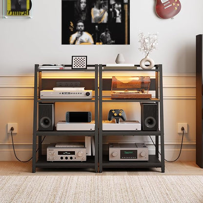HOOBRO 4-Tier AV Media Stand with Charging Station and LED Light, Wooden Stereo Cabinet, Game Console Stand, Media Audio Tower Rack, Record Player, Small Entertainment Center, Black BB106UDCJ01