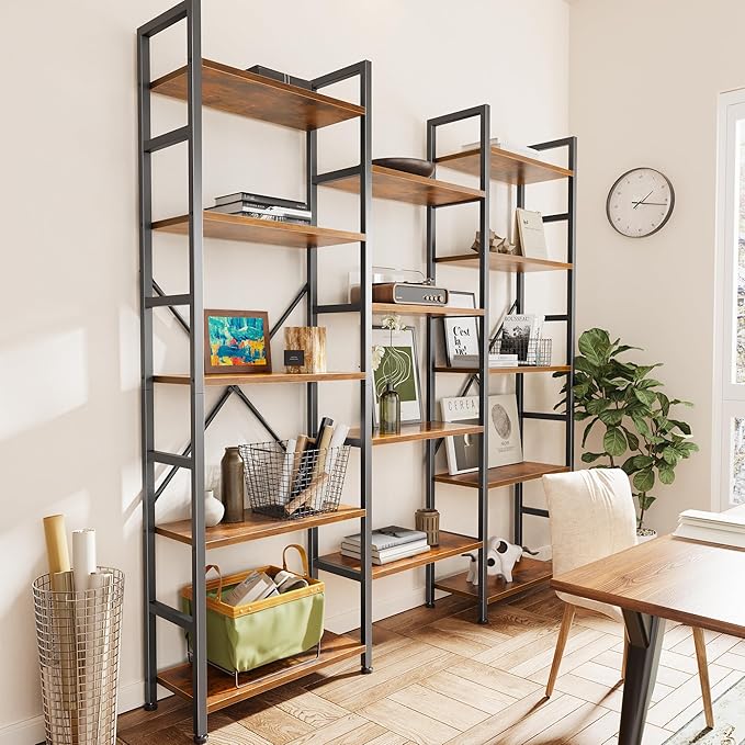 SUPERJARE Triple Bookshelf, Bookcase with 11 Open Display Shelves, Wide Book Shelf Book Case for Home & Office, 5 Tier, Rustic Brown