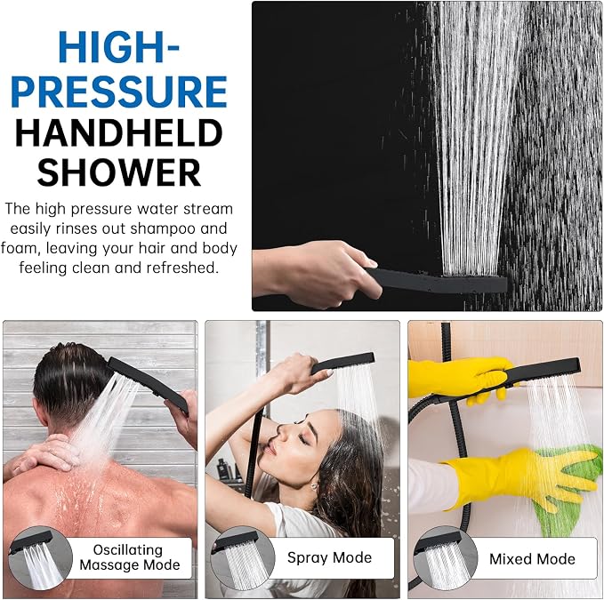 G-Promise All Metal 12 Inch Rain Shower Head with Massage Mode Handheld Spray Combo, 3-Way Diverter with Pause Setting, Full Body Coverage, Modern Bathroom Upgrade (Matte Black)