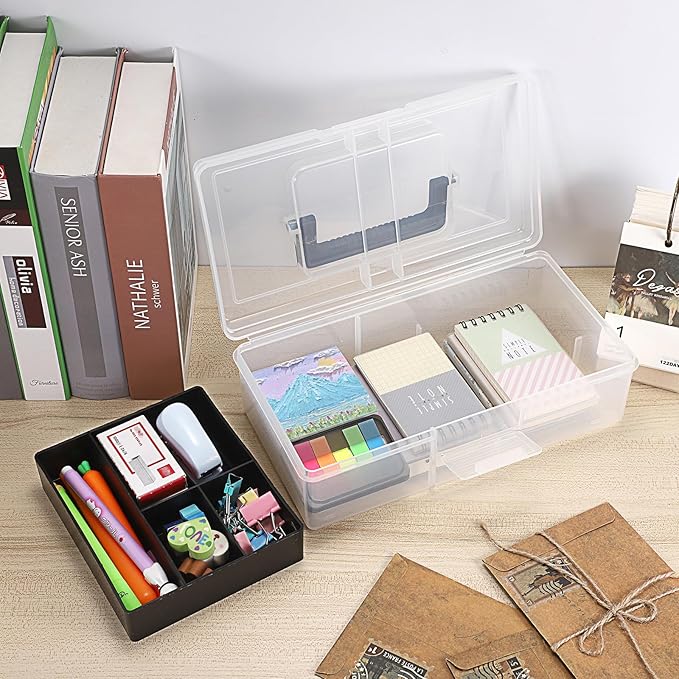 JUXYES 2 Pack Plastic Carry Storage Box with Removable Dividers, Clear Art Craft Supply Storage Bin Sewing Box with Handle Lid, 2 Layers Stationery Storage Case for School/Office Supplies Black