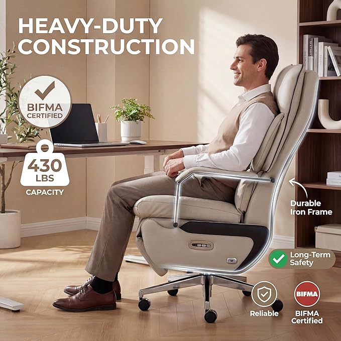 Dual Motor Executive Home Reclining Office Chair with Footrest - One-Click Electric Recline with Massage & Pillow Support Big and Tall PU Leather Ergonomic Desk Chair, High Back Wide Seat (White)