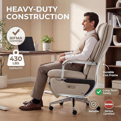 Dual Motor Executive Home Reclining Office Chair with Footrest - One-Click Electric Recline with Massage & Pillow Support Big and Tall PU Leather Ergonomic Desk Chair, High Back Wide Seat (White)