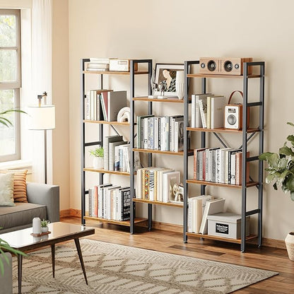 SUPERJARE Triple Bookshelf, Bookcase with 11 Open Display Shelves, Wide Book Shelf Book Case for Home & Office, 4 Tier, Rustic Brown