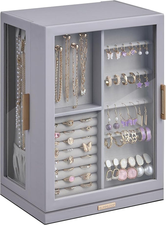 Glimmloop 360° Rotating Jewelry Box with 7 Drawers, Spacious Vertical Jewelry Organizer with Glass Window, Jewelry Storage Case, Dustproof & Moisture-resistant Design, Grey