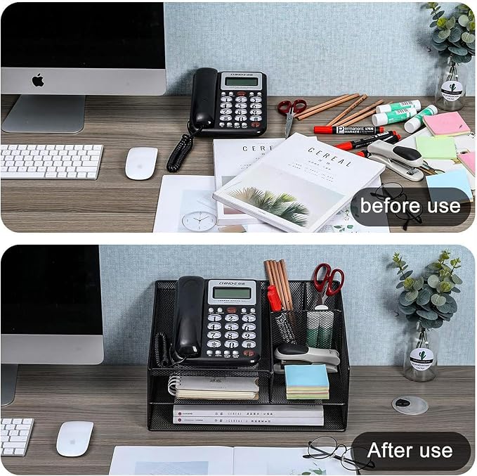 Phone Stand for Desk with 2 Pen Holder, Metal Mesh Desk Organizer with Telephone Holder, 3 Tier Office Storage Desktop Organizer for Workspace, Home, School, Black