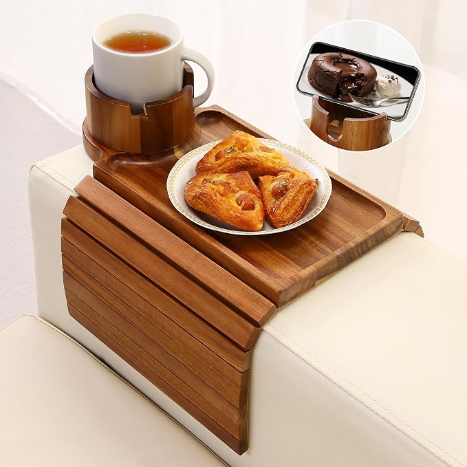 Couch Cup Holder Tray,Acacia Wood Couch Arm Table with Phone Holder, Large Foldable Sofa Arm Tray for Drink Snacks Table