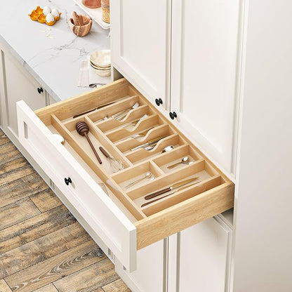 Clikuutory Natural Birch Wood Utensil Drawer Insert Organizer with 12 Compartments, Space-Saving Sturdy Drop-In Cutlery Divider Tray, Kitchen Cabinet Storage for Silverware, Spoons, Forks and Knives