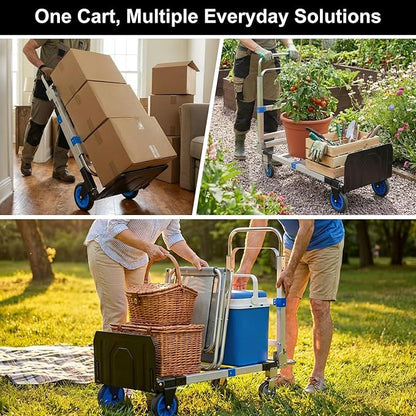 Folding Hand Truck Dolly, 500 lbs Heavy-Duty Convertible Cart, Aluminum Alloy Collapsible Design with Silent Rubber Wheels, Adjustable Handle, Flat Fold for Moving, Home, Office (Blue)