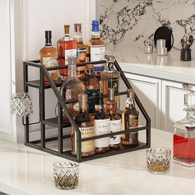 Coffee Syrup Rack Organizer, 3 Tier Countertop Storage Shelves, Kitchen Storage, 12 Syrup Bottle Stand Holder for Wine, Liquor, Kitchen Coffee Station Organizer Rack, 13.8"x13.4"x13.0",Black