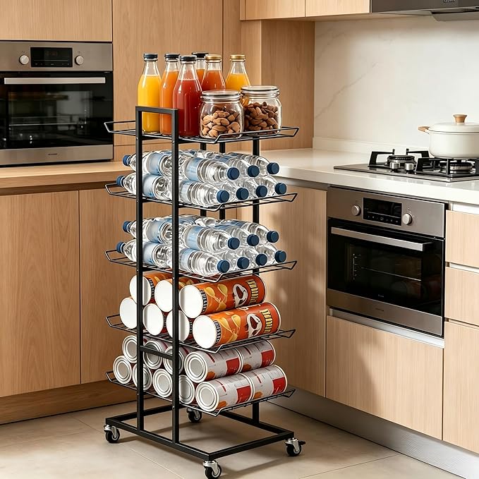 Water Bottle Organizer 5 Tier Water Bottle Holder Freestanding Storage Rack with Wheels Metal Drink Beverage Soda Can Organizer Shelf Stand for Floor Pantry Kitchen Classroom Food Storage, Black