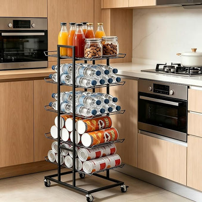 Water Bottle Organizer 5 Tier Water Bottle Holder Freestanding Storage Rack with Wheels Metal Drink Beverage Soda Can Organizer Shelf Stand for Floor Pantry Kitchen Classroom Food Storage, Black