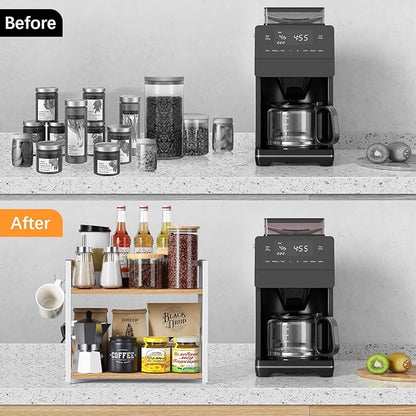 RUILALIFE Kitchen-Countertop-Organizer-Shelf, 2 Tier Coffee Bar Station Organizer for Counter,Wooden Spice Rack Shelf, Space Saving Desk Shelving Riser Unit, Coffee Bar Accessories (Maple, Large)