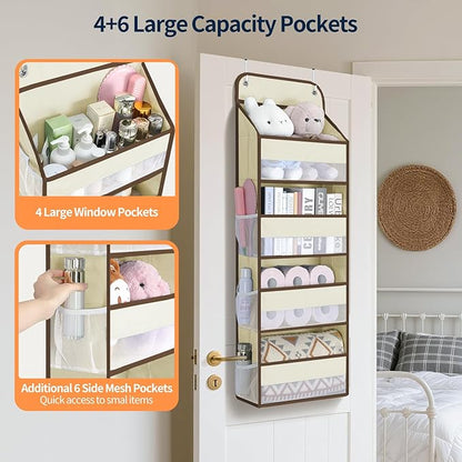 Yecaye Over The Door Organizer, Heavy Duty Hanging Organizers and Storage with 4 Large Capacity Pockets, Swing-Proof Behind The Door Storage for Bathroom Nursery Bedroom Dorm Closet, Beige,1Pc