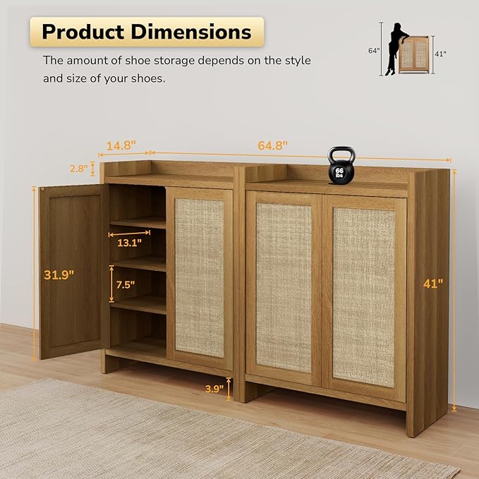 Boho 2 Doors Shoe Storage Cabinet for Entryway, Farmhouse Wooden Shoe Organizer for Front Door Entrance Hallway, Zapatero Organizador Rattan Shoes Cabinet (Oak, 2 Doors, 2 PCS)
