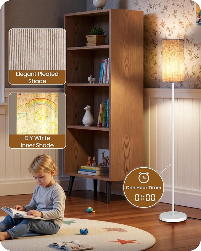 64.2” Dimmable Floor Lamp for Living Room with Remote and Foot Switch, Corner Floor Lamp for Bedroom, Includes 10W A19 Bulb, Modern Standing Tall Lamp, ETL Listed White and Beige WE17LD05