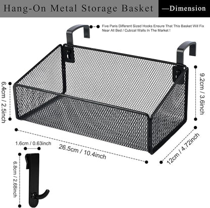 JDYOOMI Bedside Caddy Shelf Hanging Storage Basket for Bunk Bed, Office Cubical Walls, Baby Rails, College Dorm Organizer - 5 Pairs Sized Hooks for Phone, Glass, Magazine, Decor (Black)