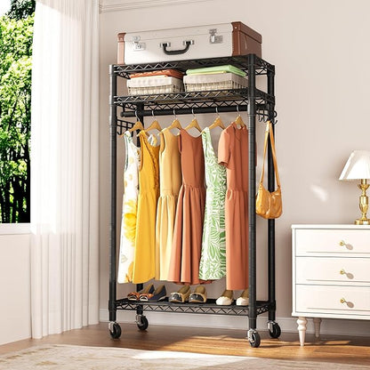 Heavy Duty Clothes Rack Rolling Garment Rack,3 Tier Adjustable Wire Shelving Clothing Racks for Hanging Clothes with Hanger Rod&Side Hooks,Freestanding Wardrobe Storage Rack Metal Portable Closet
