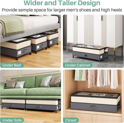 Kitstorack 2Pack Height-adjustable Under Bed Storage with Wheels, Under Bed Storage Containers,Under Bed Shoe Storage Organizer with Clear Window&Label, Suitable for Clothes Storage, Beige & Gray