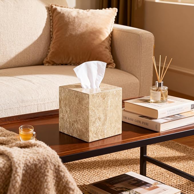 N NANSHOP Natural Marble Tissue Box Holder Cover, Square Cube Tissue Box Holder with Open Bottom for Bathroom Vanity Tops, Bedroom Dressers, Kitchen Countertop, Light Brown (NS042)