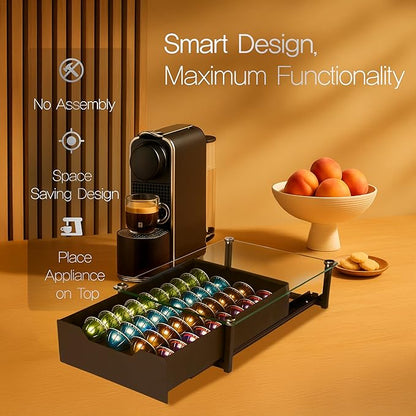 Coffee Pod Holder with Rail Drawer Compatible with Nespresso Vertuoline and K-cups Capsule - 40 Pods Capacity Tempered Glass and Anti-Slip Base Metal Coffee Pods Organizer 16.14x11.81x3.94