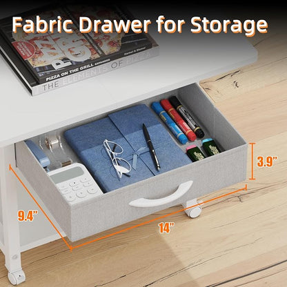 YAOHUOO 22"x15" Large Printer Stand with Drawer, 2-Tier Rolling Table Cart | Under Desk Printer Table,Storage Fabric Drawer,Fit printer/fax/3d/scanner,4 Lock Wheels or Feet,For Home Office Dorms,White