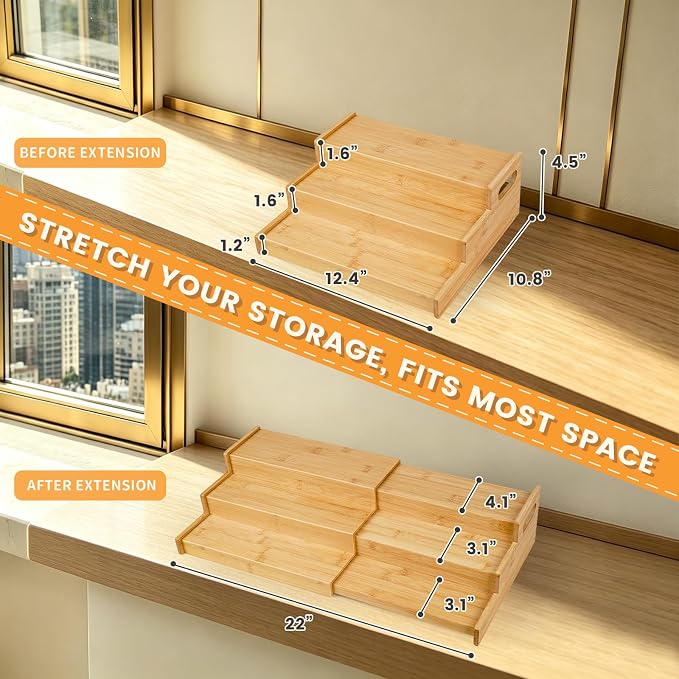 Expandable Bamboo Can Rack Organizer, 3 Tier Canned Food Storage Holder for Pantry, Adjustable Pantry Soda Can Organizer Shelf for Kitchen Spice, Countertop, Cat Food, Cabinet Storage Hold for 24 Cans
