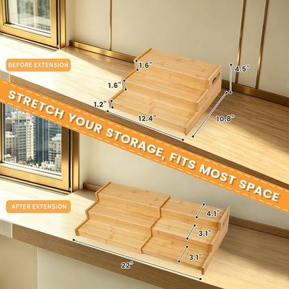 Expandable Bamboo Can Rack Organizer, 3 Tier Canned Food Storage Holder for Pantry, Adjustable Pantry Soda Can Organizer Shelf for Kitchen Spice, Countertop, Cat Food, Cabinet Storage Hold for 24 Cans