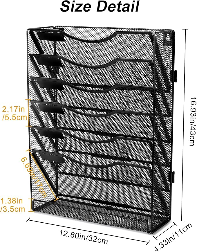 EasyPAG Wall File Holder Organizer 7 Tier Mesh Hanging Wall Mounted Document Paper Folder Filing Magazine Rack with Nametag Label for Office Home School, Black