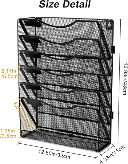 EasyPAG Wall File Holder Organizer 7 Tier Mesh Hanging Wall Mounted Document Paper Folder Filing Magazine Rack with Nametag Label for Office Home School, Black