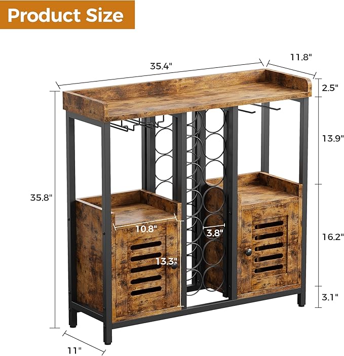 IRONCK Bar Cabinet, Liquor Cabinet Bar with Storage, Small Wine Bar Cabinet with Wine Glass Holder, Industrial Coffee Bar for Home, Kitchen, Dining Room