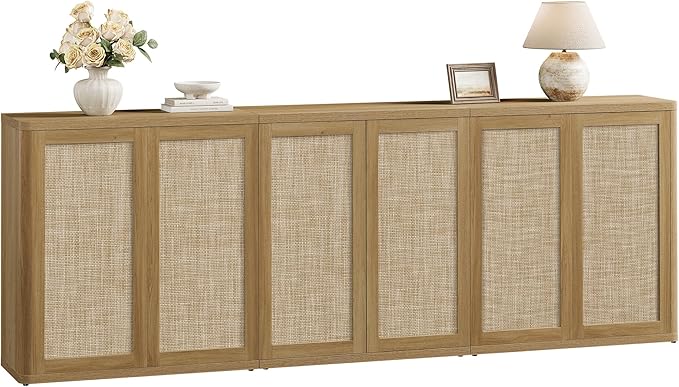 SICOTAS Rattan Sideboard Buffet Console Table - 95” Larger Modular Credenza Stand, 3 Pieces Boho Coffee Bar Cabinet with Storage & Adjustable Shelves for Hallway, Living Room, Dining Room