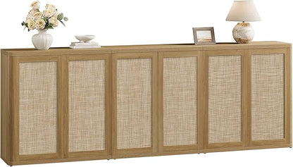 SICOTAS Rattan Sideboard Buffet Console Table - 95” Larger Modular Credenza Stand, 3 Pieces Boho Coffee Bar Cabinet with Storage & Adjustable Shelves for Hallway, Living Room, Dining Room