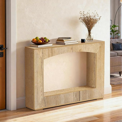 46 Inch Entryway Table U-Shaped, Wooden Console Table with Socket Farmhouse Sofa Table for Entrance, Hallway, Living Room,Behind Couch((Natural Brown)