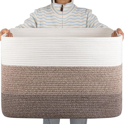 OIAHOMY 108L Super Large Blanket Basket, 25”x16”x16”(108L) Rectangle Woven Baskets for Storage, Cotton Rope Basket For Living Room, Toy Storage with Handle- Gradient Dark Brown