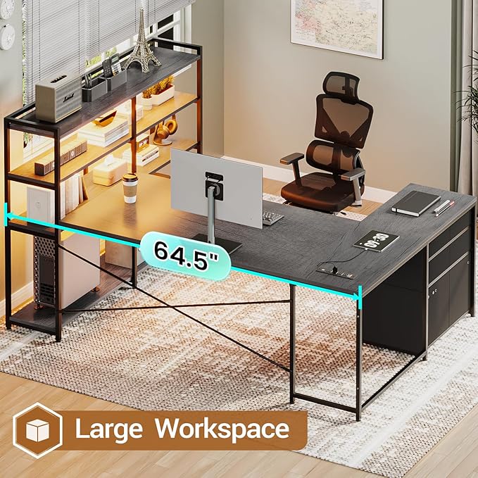 SEDETA Corner Computer Desk, Reversible U Shaped Office Desk with 3 Fabric Drawers and Power Outlet, Corner Gaming Desk with LED Lights, Storage Shelves, Grey