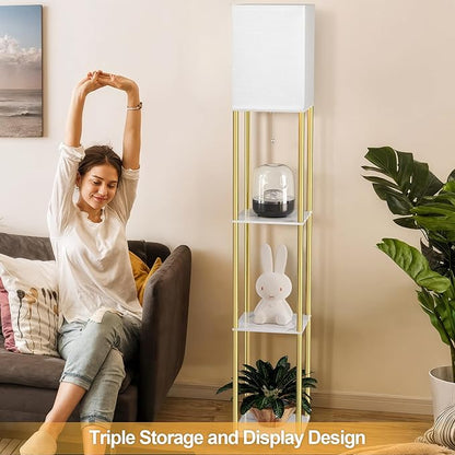 Floor Lamp with Shelves, Modern Corner Display Standing Column Shelf Lamp Etagere Organizer Tower Nightstand with White Linen Shade for Living Room, Bedroom and Office, Marble White and Gold Poles