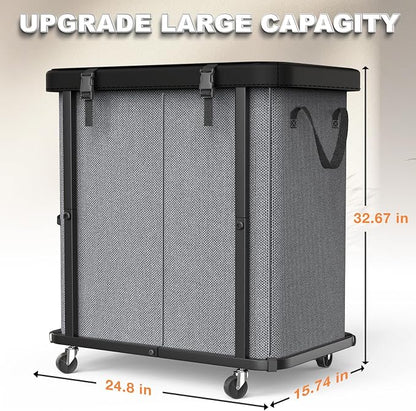 190L (50 Gal) Large Fashion Laundry Basket with Wheels, Leather Patchwork Rolling Hamper Carts, Sturdy Metal Frame, Removable Washable Bag, Tall Clothes Sorter for Bedroom - 2 Setion Gray