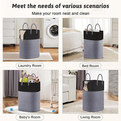 Laundry Basket,Woven Cotton Rope Laundry Hamper,Versatile Storage for Dirty Clothes,Baby Toys,and Blankets in Bathroom, Nursery,and Living Room (Black, 60L)