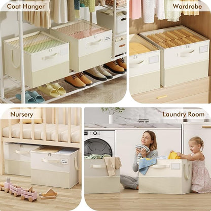 NestOrganix 2 Pack Shoe Organizer for Closet, Large Shoe Box Storage Containers, Foldable Shoe Storage Organizer Box Bin with Adjustable Dividers and Clear Cover, Space Saving Shoes Holder, Beige