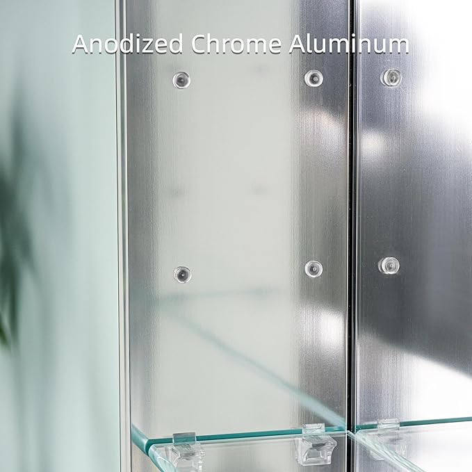 WELLFOR 30" x 30" Bathroom Medicine Cabinet, Anodized Chrome Aluminum Frame, Medicine Cabinet with Adjustable Glass Shelves, Bathroom Mirrored Cabinet, Surface or Recessed Mount, Double Doors