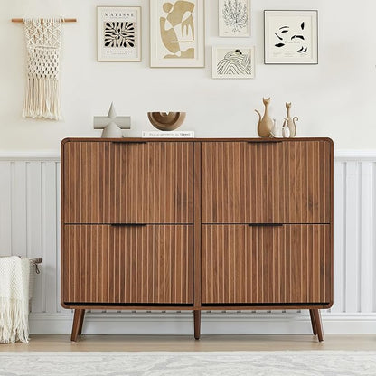 47" Fluted Large Shoe Cabinet with 4 Flip Drawers, Slim Freestanding Shoe Cabinet Organizer, Narrow Shoes Storage Rack for Entryway, 5 Sturdy Legs (All Walnut, 9.45" D x 47.24" W x 35.83" H)