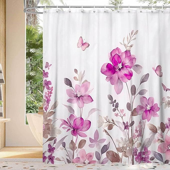 Pink Floral Shower Curtain, Pink Lavender Floral Butterfly Boho Shower Curtains for Bathroom, Farmhous Flower Cute Fabric Shower Curtain Set with 12PCS Hooks, 70X85IN