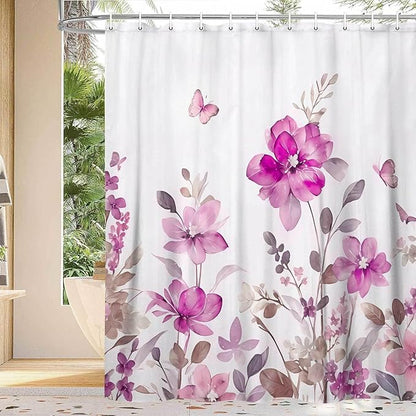 Pink Floral Shower Curtain, Pink Lavender Floral Butterfly Boho Shower Curtains for Bathroom, Farmhous Flower Cute Fabric Shower Curtain Set with 12PCS Hooks, 70X85IN