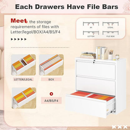 Superday Lateral File Cabinet 3 Drawer Metal File Cabinet with Lock, White Filing Cabinets for Home Office, Locking Filing Cabinets Hanging Files Letter/Legal/F4/A4