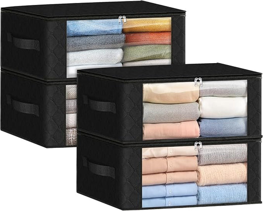 Fab totes 35L Closet Organizers and Storage, Foldable Under Bed Storage Containers, Storage bags for Organizing Bedroom, Closet, Clothing,Organization with Handle (4 Pack,Black)