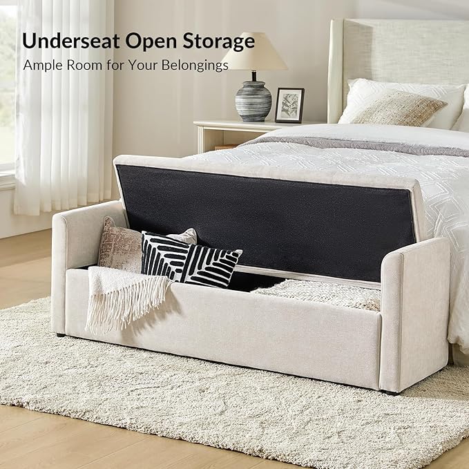 HULALA HOME Modern Storage Bench with Throw Pillows, 59.4" Extra Long Bedroom Ottoman Bench for End of Bed, Comfy Upholstered Footstool for Entryway Living Room Dining Room, Linen