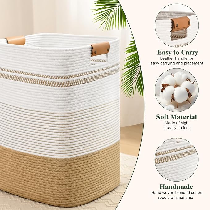 Degeyoyo Laundry Hamper, 75L Tall Laundry Basket with Leather Handles, Rectangle Large Clothes Hamper for Organizing, Cotton Woven Laundry Baskets Storage Hampers for Bedroom, Nursery, Living Room